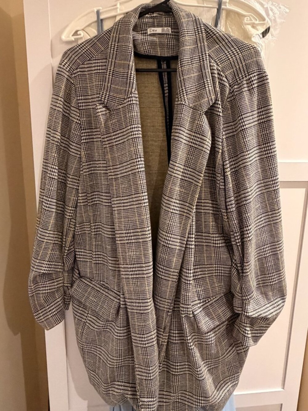 Dex Plus Plaid Open Front Blazer Ruched 3/4 Sleeves Yellow Detail 2X